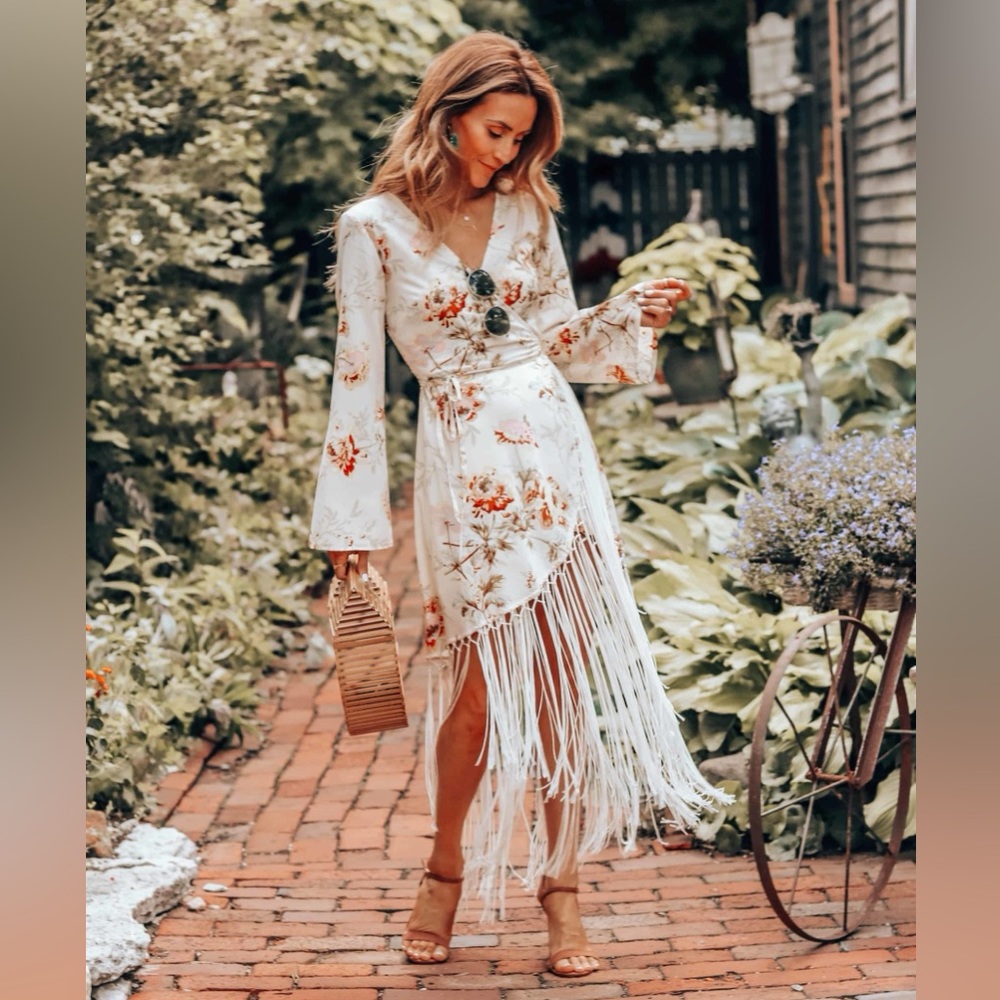 NWT Wrap Dress in Floral Print with Fringe Detail